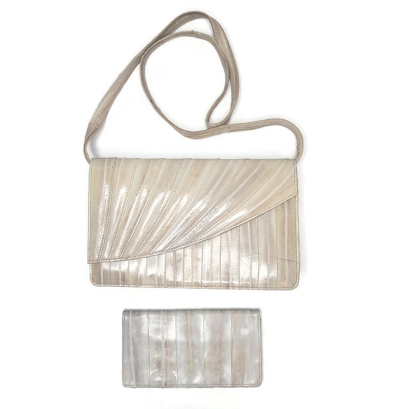 Eel skin leather handbag and wallet color cream gray and white. - Picture 1 of 13